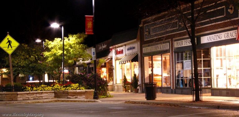 Downtown Clarendon Hills, Illinois' lighting focuses down where it is needed.